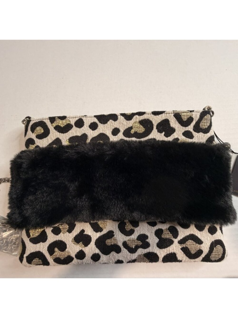 NWT America & Beyond Leopard Faux Fur Clutch Crossbody Evening Bag